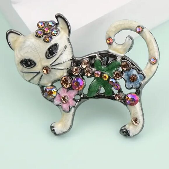 🌺 🌺 🌺 Vintage Style Floral Cat Brooch Pin - Picture 3 of 3